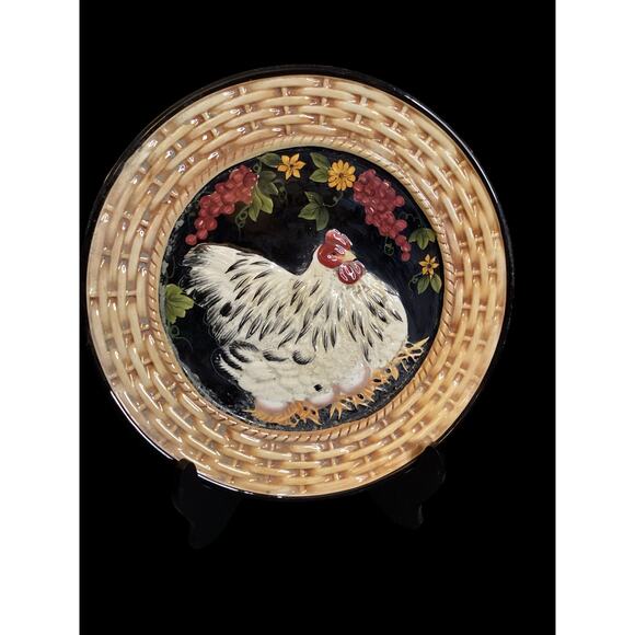 3D Hen with Basket Weaved Edge Platter, Oversized Plate Farmhouse Country Décor - Picture 3 of 5